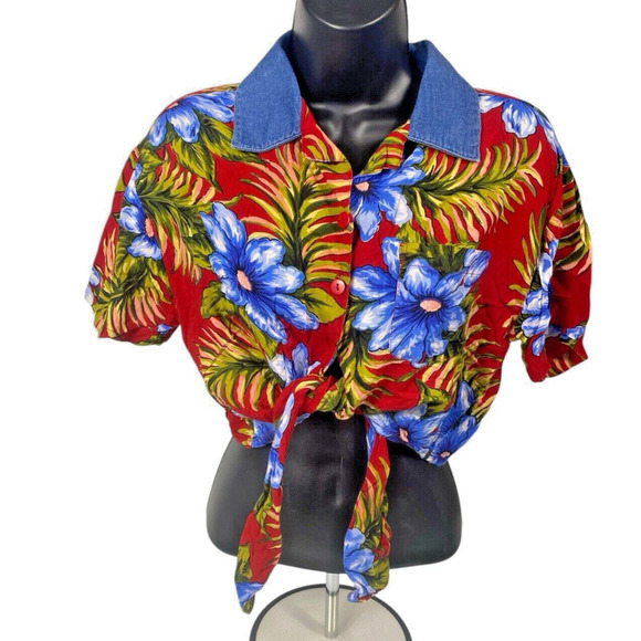 D.C.C. Clothing Tops - Hawaiian Crop Top Tie Front Button Tropical Cruise Beach M Red Boho Vintage